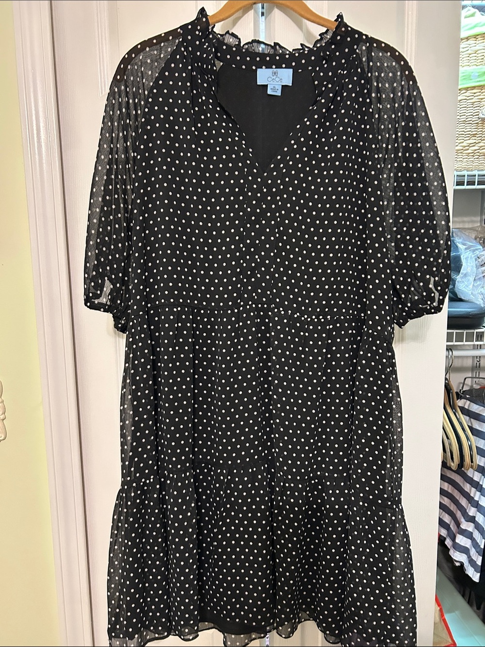CeCe Black Polka Dot Tiered Short Dress